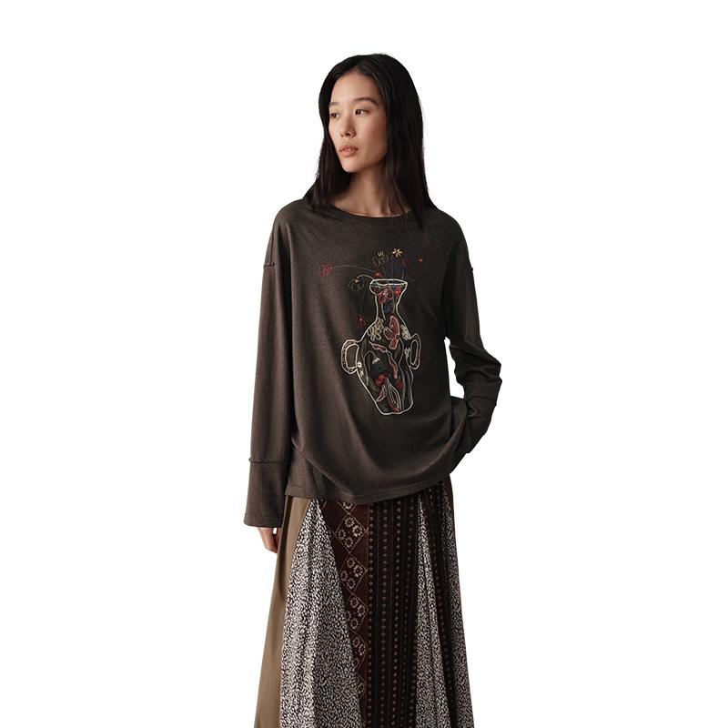 ЗЕЛЕНЫЙ ПОЯС Винтажная хлопковая футболка с вышивкой с длинным рукавом M