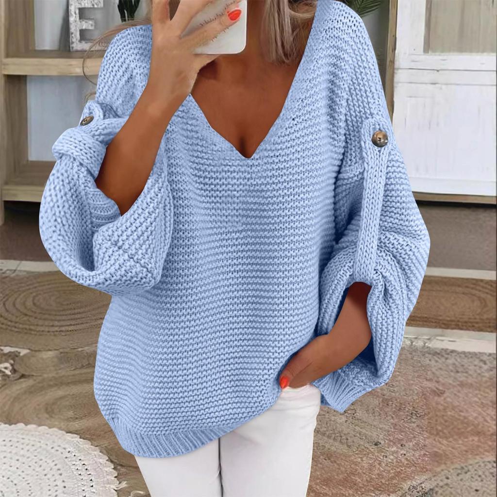Damenmode Lässiger Pullover Langarm Oberteil und Winter Langarm V-Ausschnitt Pullover