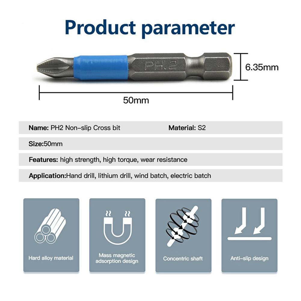 Schraubendreher-Bits, 50 mm, 5 Stück, rutschfest, Blau + Silber. Langlebig