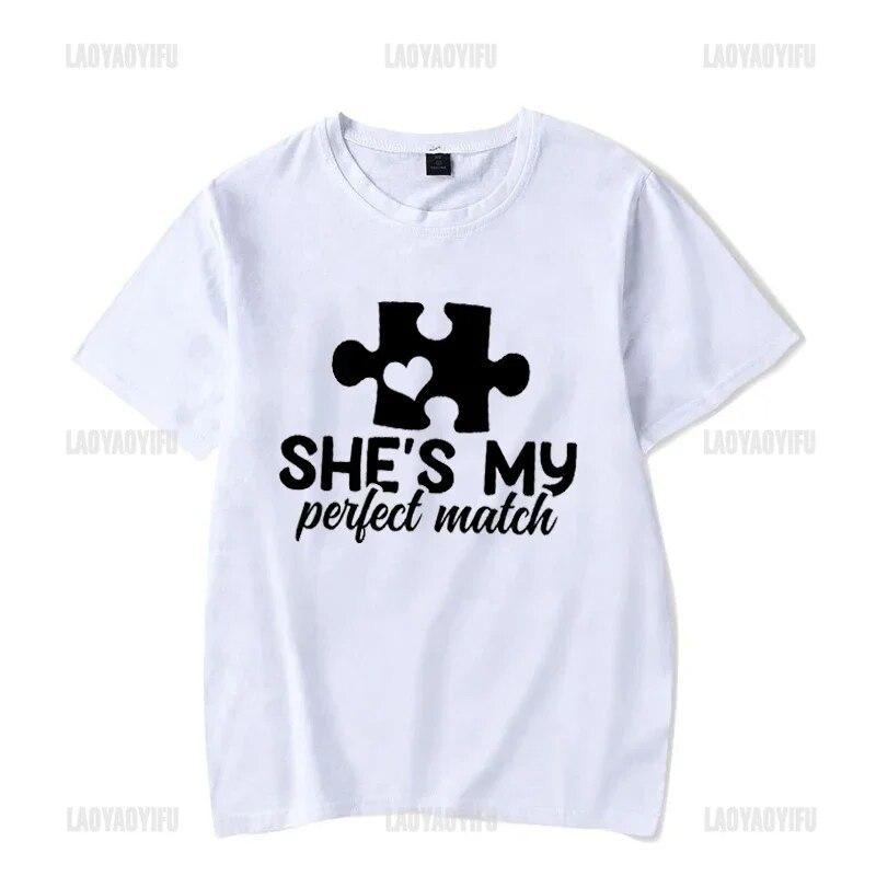 Couple T Shirt for Lovers Cotton Tee He's She's My Perfect Match Print T Shirts Unisex Summer Tops Anniversary Matching