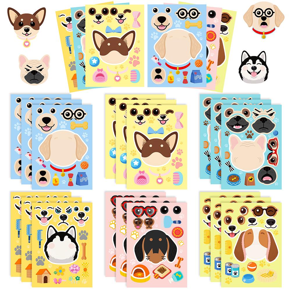 6/12sheets Cute Dogs Make a Face Puzzle Stickers Kawaii Animal Graffiti Decals DIY Assemble Jigsaw Education Reward Sticker Toy