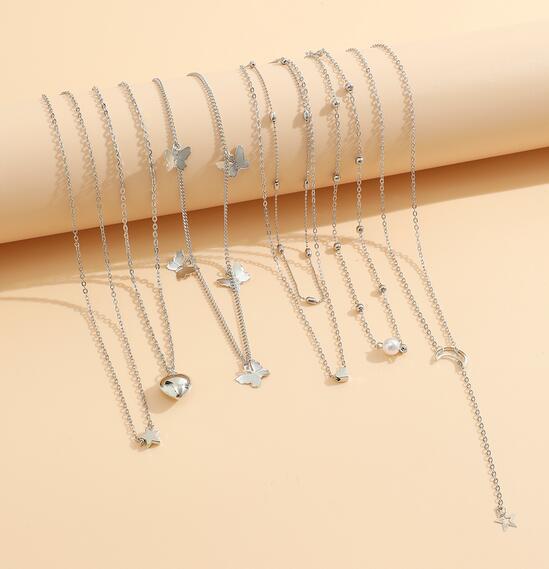 11 Pcs Women's Zircon Necklace Set Gold Color Fashion Love Heart Butterfly Pendant Hypoallergenic Neck Chain Boho Jewelry Gifts