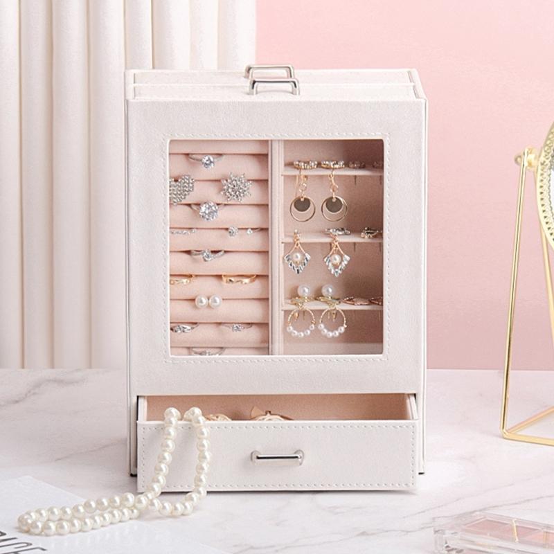 Smyckeskrin i PU Smyckesorganisatör Multifunktionell Förvaringsväska med Klart Fönster för Halsband Armband Ringar Örhängen