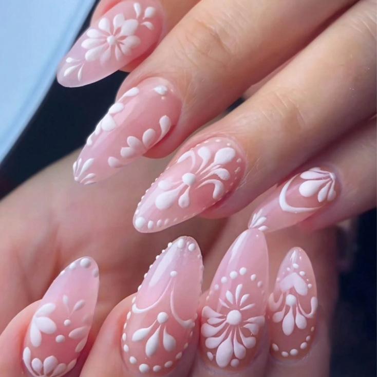 

24PCS Gothic Girl Almond Press on Nails Black Lace French White Flowers Patterns Fake Nails for Women Detachable False Nails Art