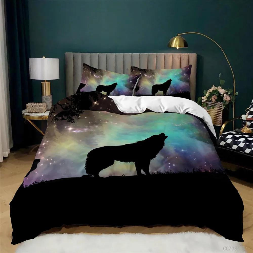 Galaxy Starry Wolf King Size Bedding Set 100% Bamboo Fiber Soft Comfortable Duvet Cover Set Free Shipping 3D Print Deer Unicorn