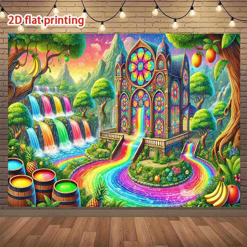 2D plane dreamy colorful waterfall party banner featuring lush greenery waterfall and rainbow sky polyester fiber