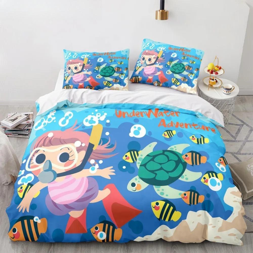 Cartoon Bedding Sets Sea Animals Soft Polyester Kids Boys Bed Linen Queen King Full Single Size Dinosaur Duvet Cover Sets Gifts
