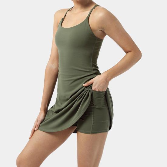 Women's Sleeveless Tennis Dress with Shorts And Pockets Spaghetti Strap Racerback Mini Dress Workout Athletic Dresses for Golf Running