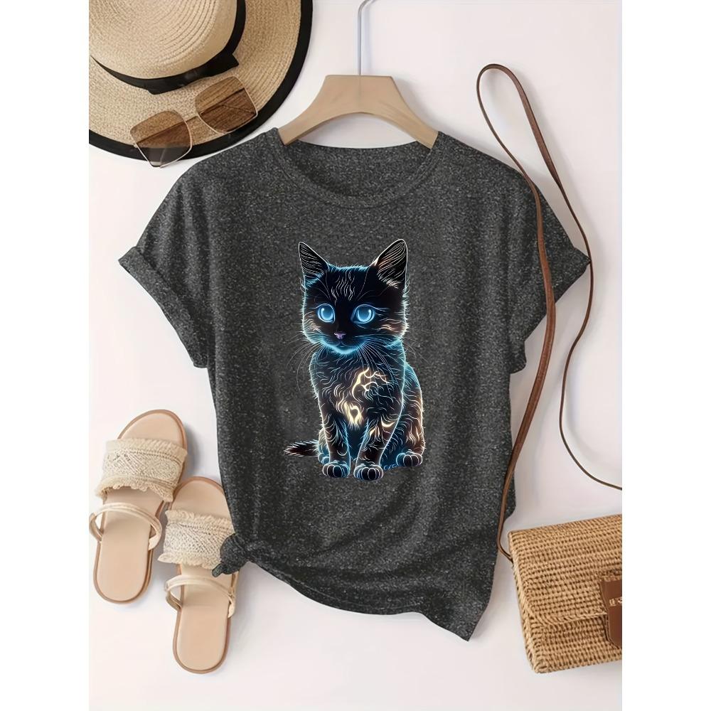 Women Cotton Short Sleeves T-shirts Neon Glow Kitten Women's Tee Futuristic Cat Graphic Casual Black Top