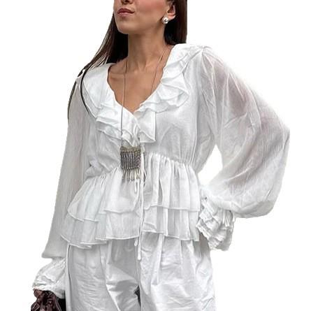 French Shirt Design Sense Niche Sweet Temperament Elegant Waist Cascade Ruffle Edge V-neck Long-sleeved Top Women