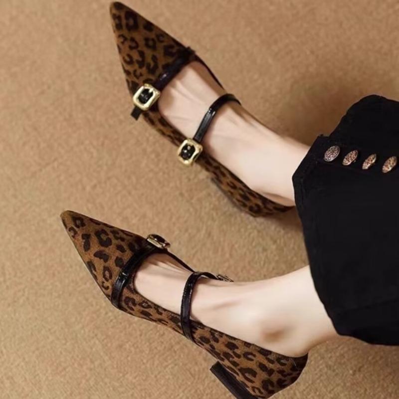 Leopard Women Mary Jane Shoes Pointed Toe High Heels Shoes 2025 Autumn Sexy Dress Party Shoes Chunky Pumps Buckle Mujer Zapatos