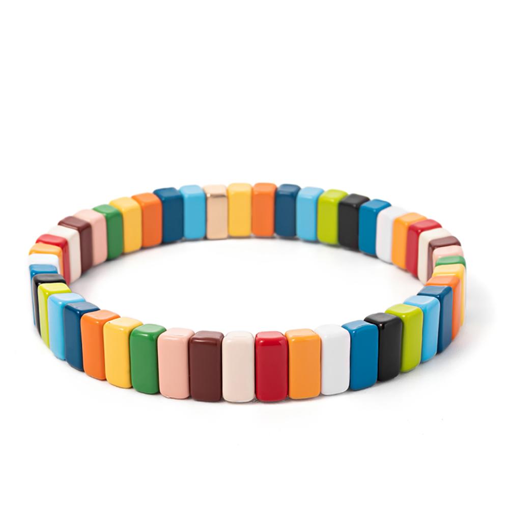 New Fashion Deil Eye Enamel Bangle for Women Colorful Beaded Boho Rectangle Shape Hand Accessory