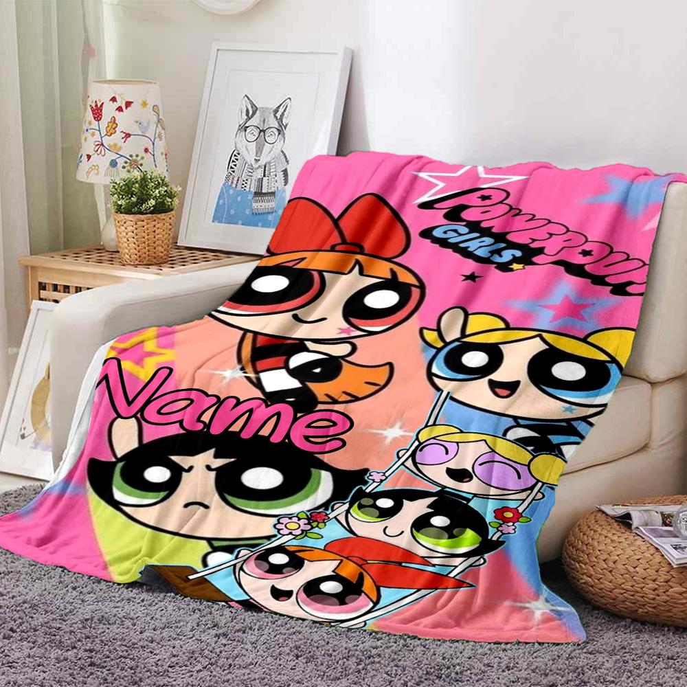 Custom Name Powerpuff Girls Adventure Flannel Blanket for Super Soft Cute Comfort Blanket for Travel Bedding Couch Sofa Blanket
