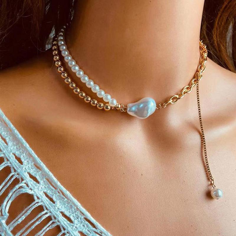Vintage Gold Color Beads Long Tassel Pendant Necklace for Women Creative Imitation Pearl Double-Layer Clavicle Chain Zircon