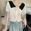 Doll Collar Hollowed-out Short-sleeved Knitted Cardigan for Women Sweet Scalloped Turnover Collar Short College-style Elegant Top In Summer