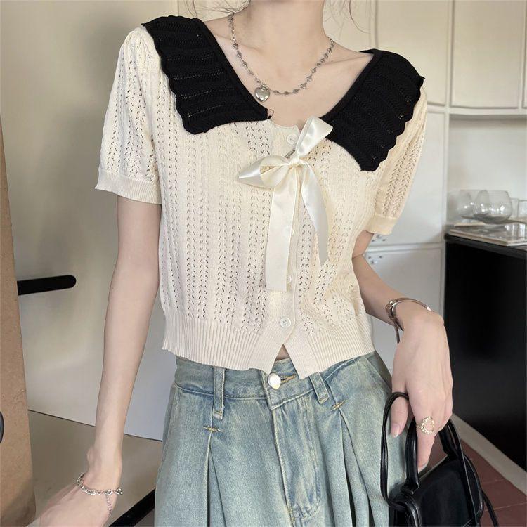 Doll Collar Hollowed-out Short-sleeved Knitted Cardigan for Women Sweet Scalloped Turnover Collar Short College-style Elegant Top In Summer