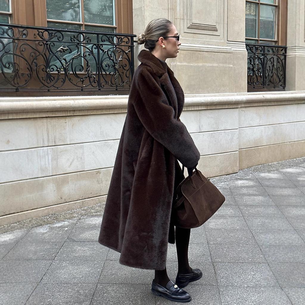Women's Notched Collar Long Sleeve Long Faux Fur Coat Loose Fit Elegant Style Belted Mink Fur Jacket