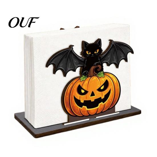 Pumpkin Napkin Holder Halloween Wooden for Table, Black Cat Bat Paper Stand Standing Dispenser, Towel Holiday Party Decor