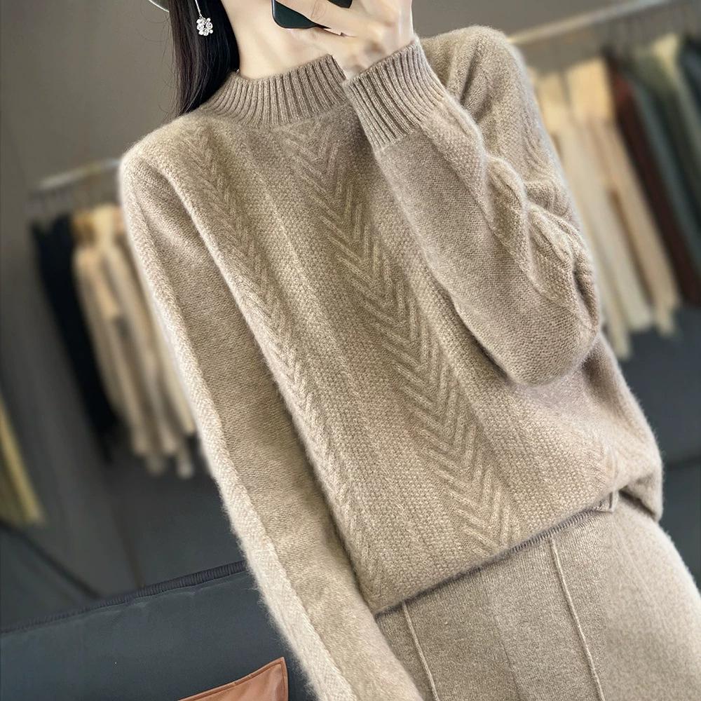 VEZFAA Damesmode Casual Herfst Winter Effen Kleur Print Lange Mouw Halfcoltrui Truien