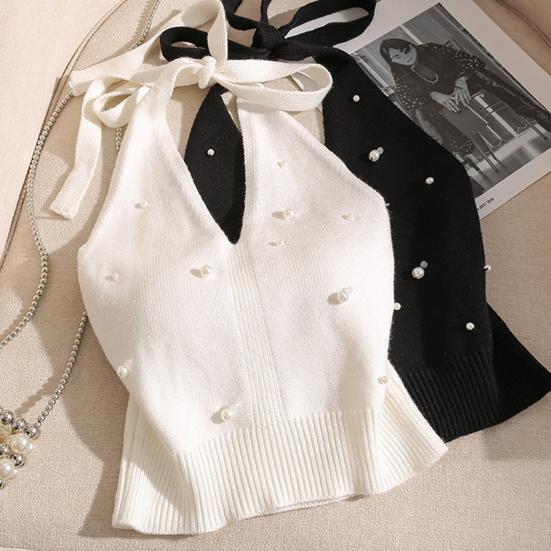 Women Tops Halter Neck Beaded Faux Pearls Camisole Soft Stretchy Loose Fit Solid Color Knitting Tops Work Party Wear