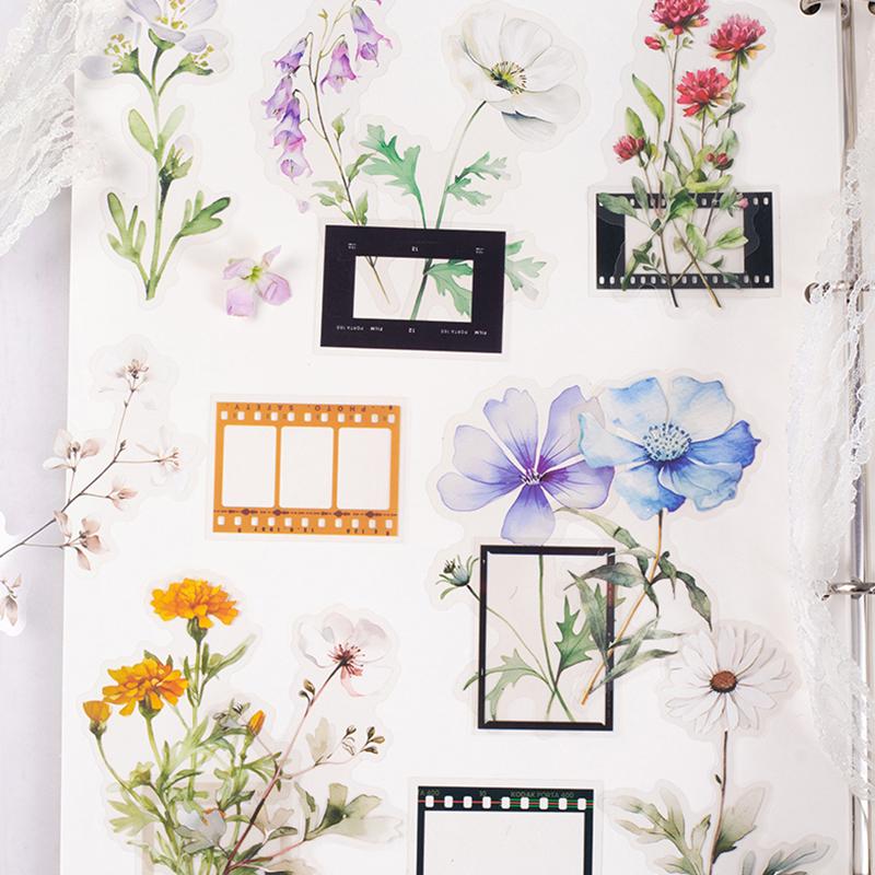 30 Pcs Film and Flowers Plant Stickers Pack Creativity PET Decorative Sticker for DIY Diary Scrapbooking Junk Journal Supplies