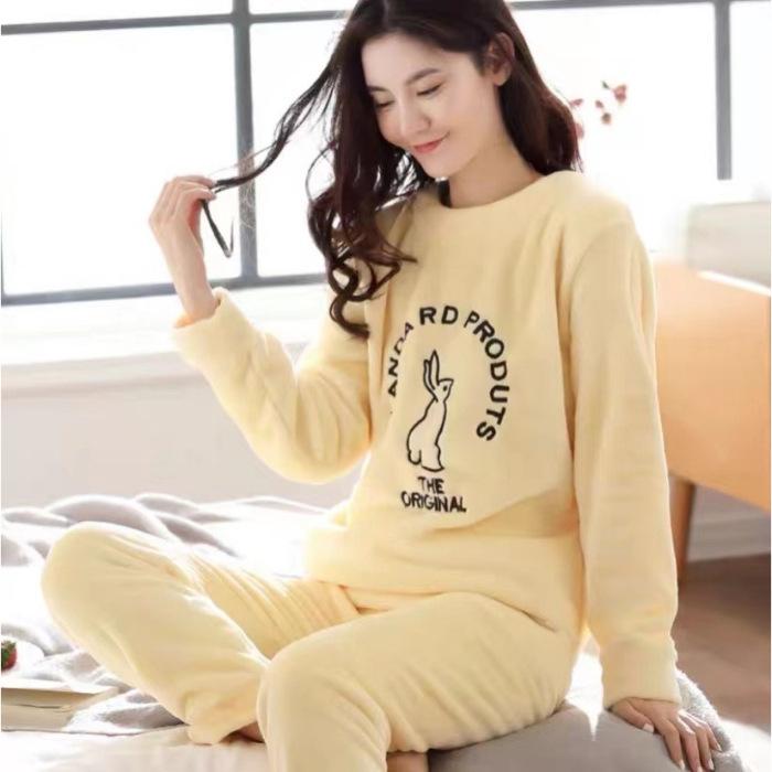 2PCS/Set Large Size Thickened Warm Flannel Pyjamas Female Autumn and Winter Long-Sleeved Coral Velvet Cartoon Girl Homewear