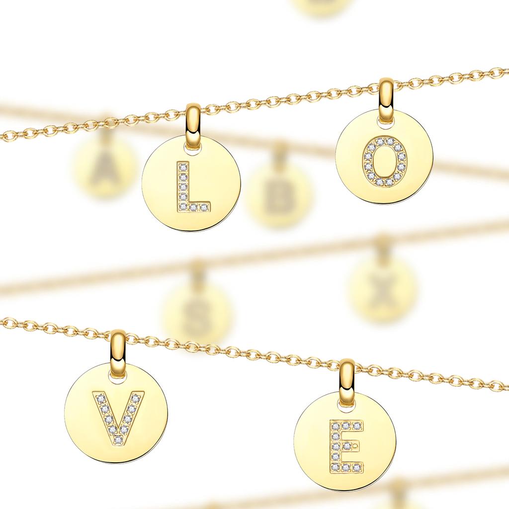 Round 14K Gold Plated Cubic Zirconia Initial Necklace A-Z Letter Dainty Pendant Necklaces for Women