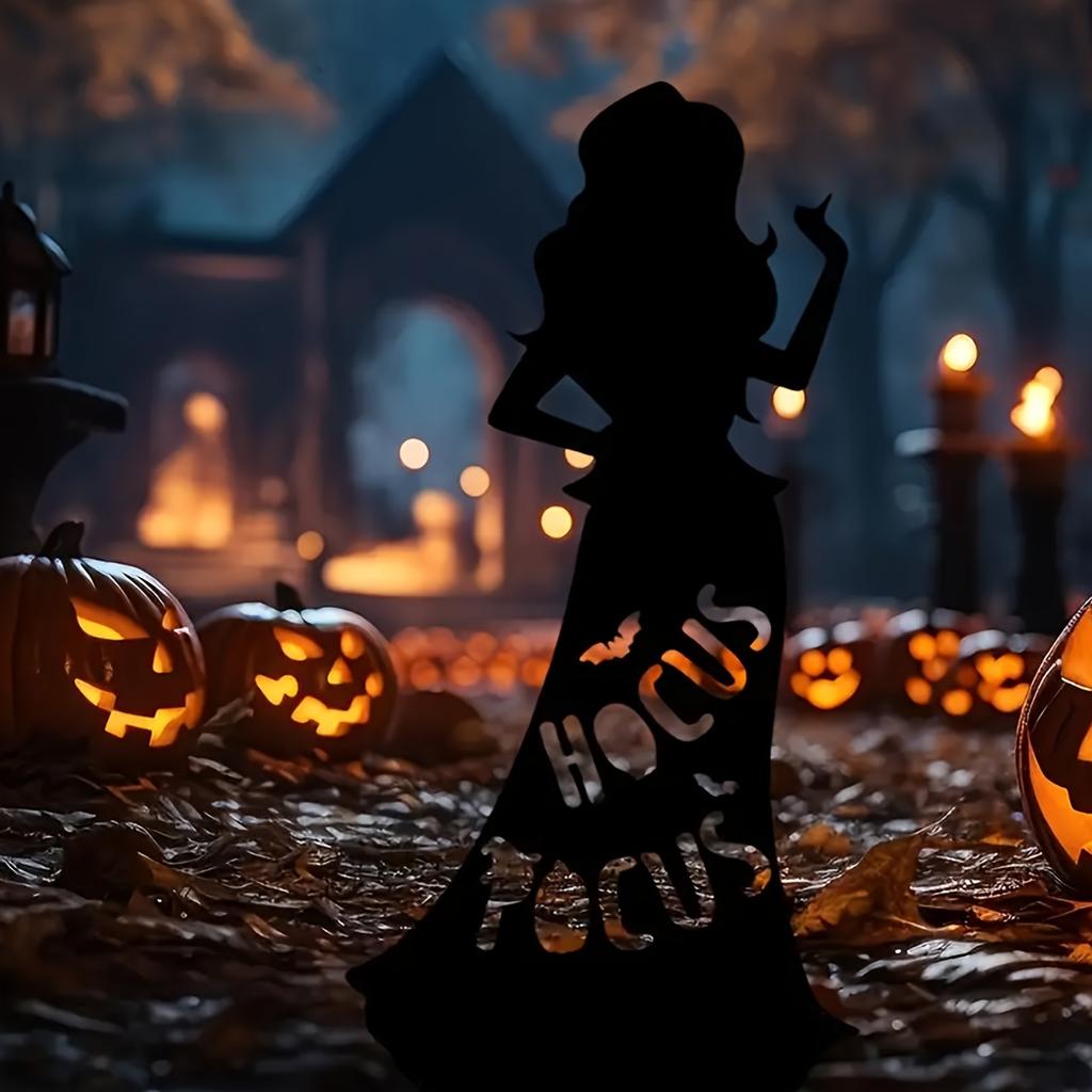1pc Halloween Witch Iron Silhouette Patio Sign with Stake Outdoor Lawn Decoration Halloween Party Supplies