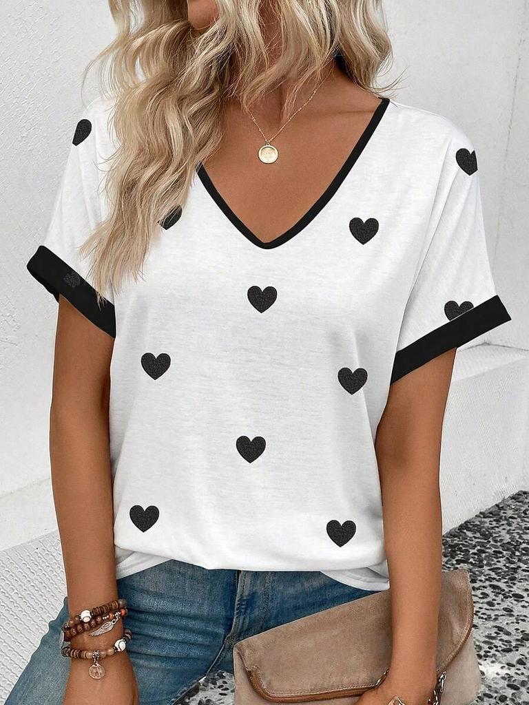 Women's T Shirt Print Striped Heart Graphic Geometric Vintage Stylish Classic Short Sleeve V Neck Regular Tops