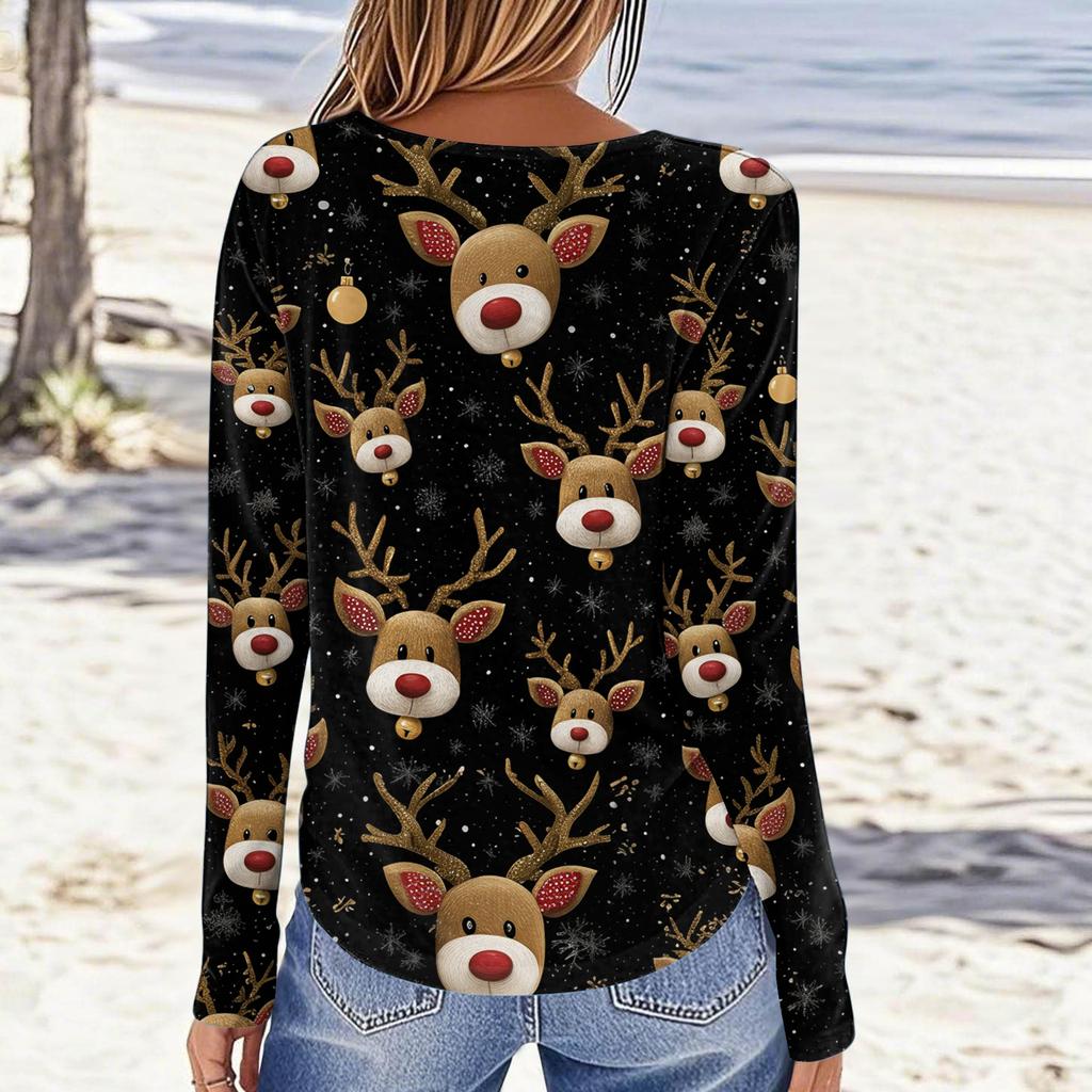 Women's Fashion Casual Long Sleeve Christmas Printed Round Neck Top