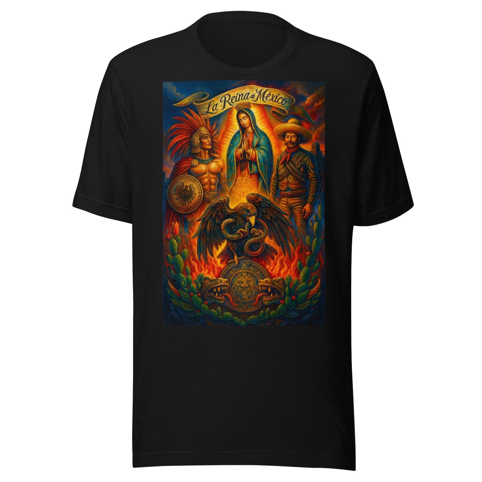 The Queen of Mexico Virgin, Eagle and Aztec Warrior Unisex t-shirt S