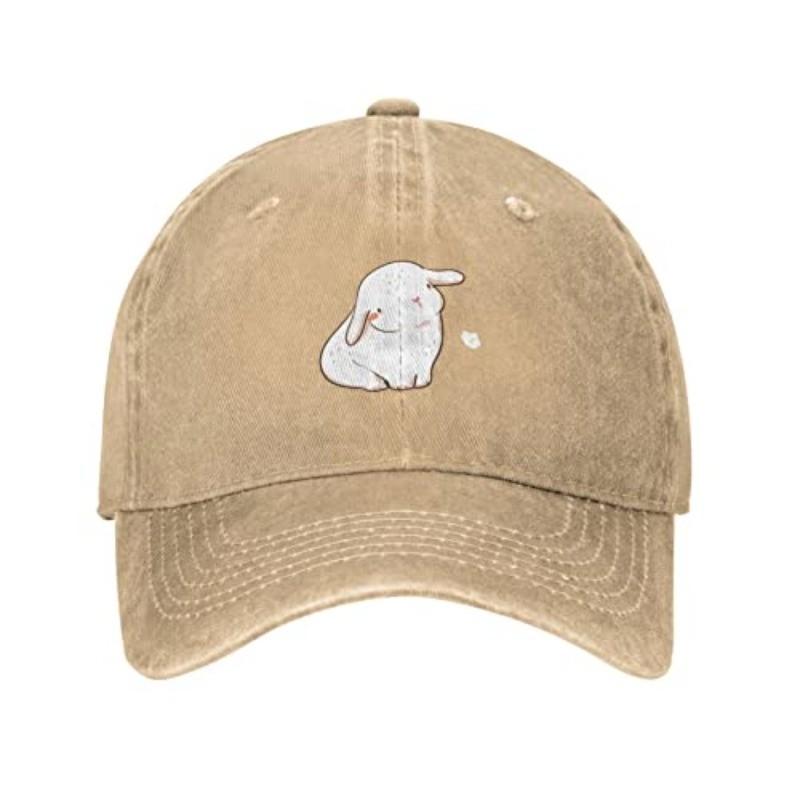 Cute White Bunny Baseball Cap Washed Cotton Distressed Adult Casual Sun Protection Adjustable Hat