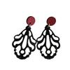 Retro Black Leaf and Red Round Wooden Dangle Earrings - Minimalist Hollow Flower Design