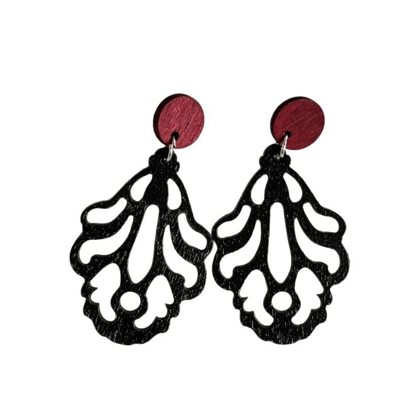 Retro Black Leaf and Red Round Wooden Dangle Earrings - Minimalist Hollow Flower Design