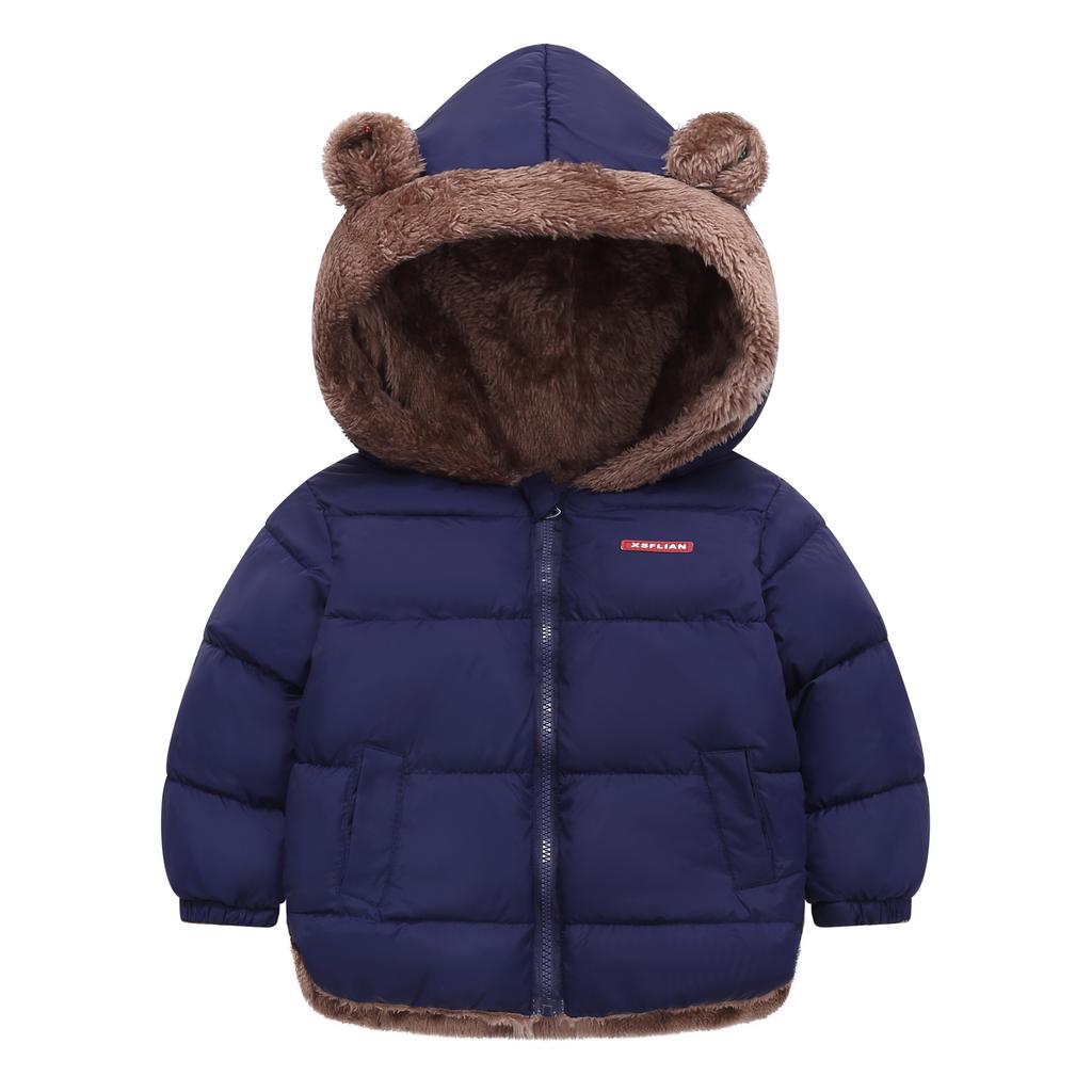 Kids Winter Fleece Lined Coat Cartoon Bear Ear Hooded Thick Warm Cotton Jacket For Boys Girls Zip Up Outerwear