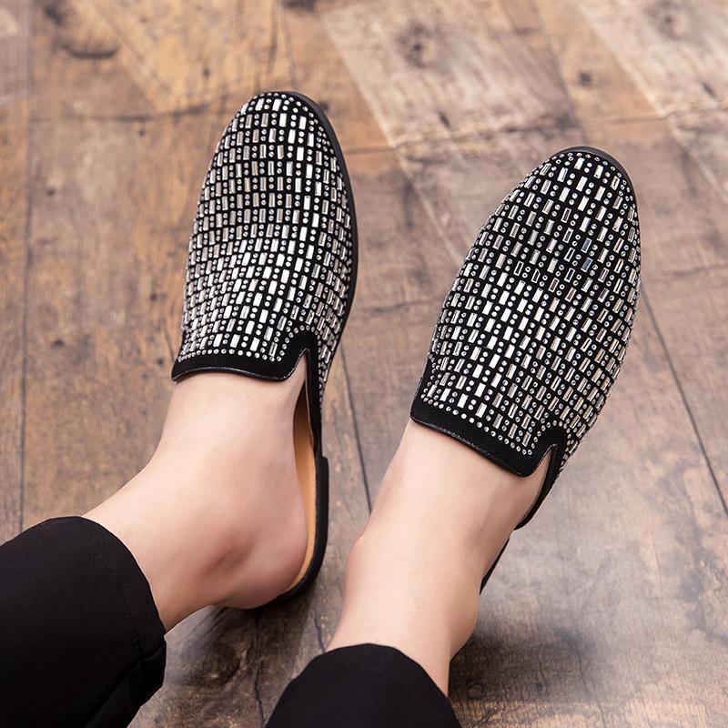 New Men's Charm Rhinestone Half Slippers Black Gold Shoes Male Casual Mules Moccasins Breathable Loafers Zapatos Hombre