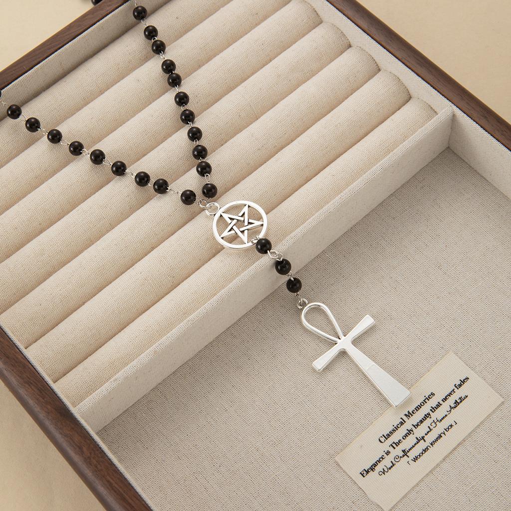 Vintage Cross Pendant, Black Bead Necklace, Sweet And Cool Style High-End Neck Chain, Niche Personality Long Fashion Item.