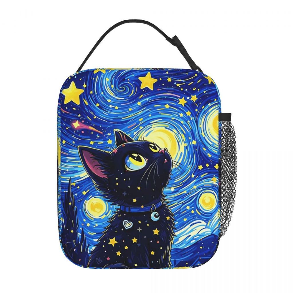 The Black Cat Looks At The Starry Sky Insulated Lunch Bag for Women Cooler Thermal Food Box Tote Leakproof Lunch Boxes Container