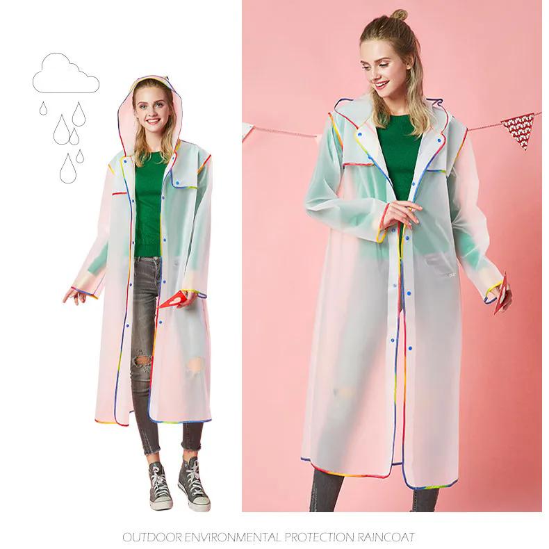 Modny EVA Męski Damski Płaszcz Przeciwdeszczowy na Piesze Wędrówki Przezroczysty Wodoodporny Długi Ponczo Kolorowa Krawędź Dorosły Outdoor Podróż Wiatroodporny Płaszcz Przeciwdeszczowy