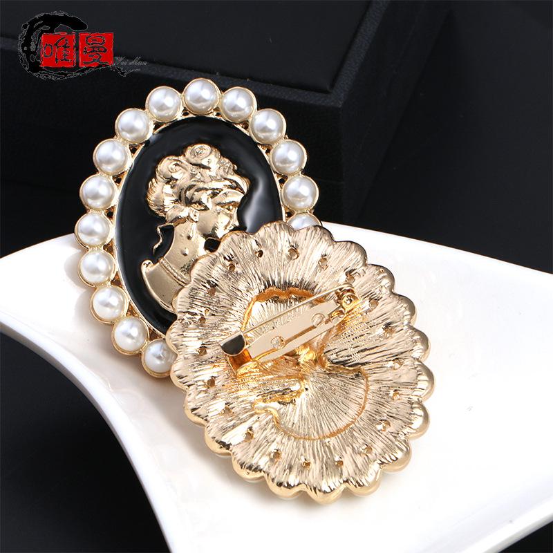 Retro European & American Pearl Brooch: Exaggerated Women's Portrait Pin for Sweaters & Coats