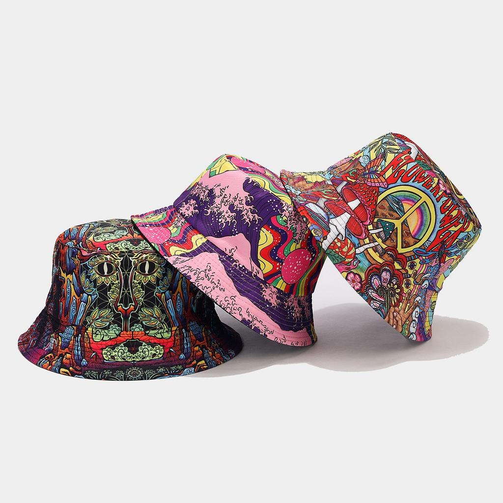2027 NOUVEAU Chapeau Bob Large à Bord Personnalisé KJ Imprimé Réversible Unisexe Chapeau Bob Imprimé All Over en Polyester Avec Étiquette de Marque Privée