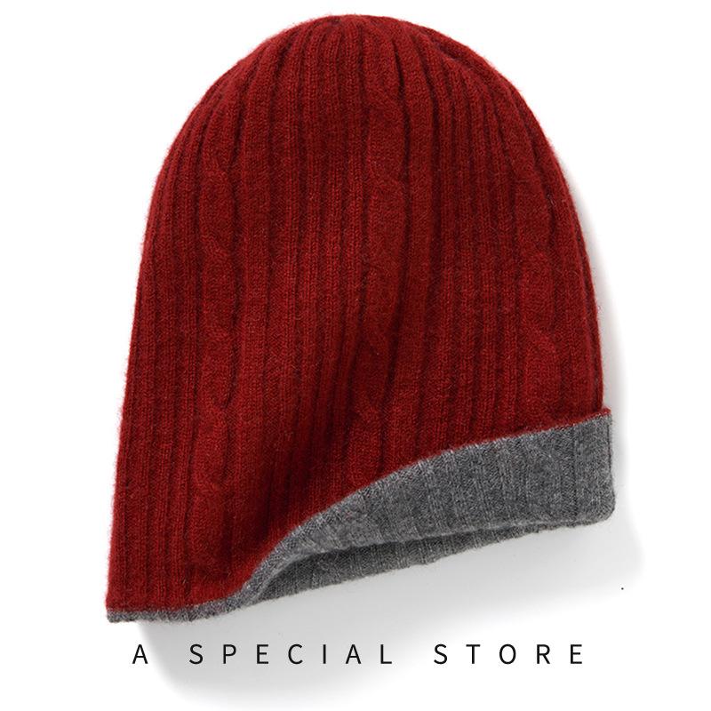 

Cashmere Women s Autumn and Winter New Style Color Blocked Knitted Warm Fashionable Thickened Casual Flared Casual Two Sided Hat one size