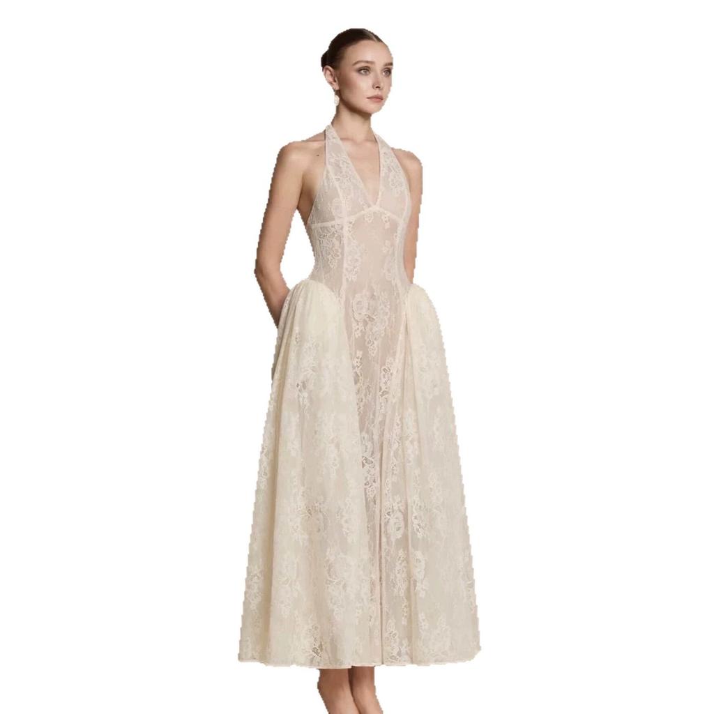 Mori light wedding dress, neck V-neck halter, fishbone girdle waist perspective lace long pendulum fairy dress