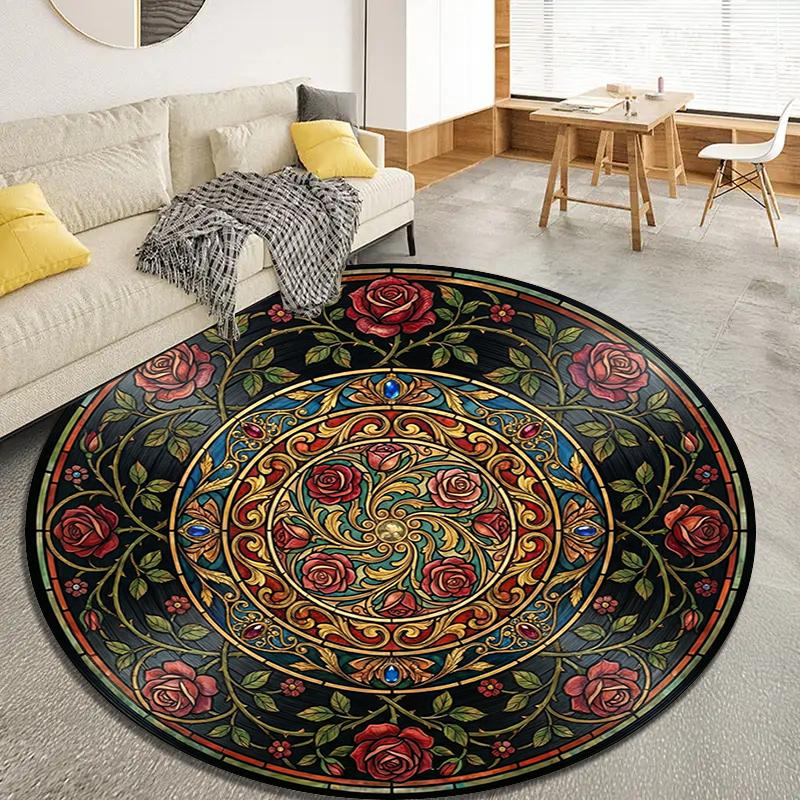 Vintage Rose Runder Teppich, Teppich für Wohnzimmer Schlafzimmer Sofa Spielzimmer Dekor, Rutschfeste Bodenmatte109