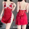 Thin Women's Sexy Lingerie Deep V Temptation Side Split Embroidery Suspender Nightdress Tie