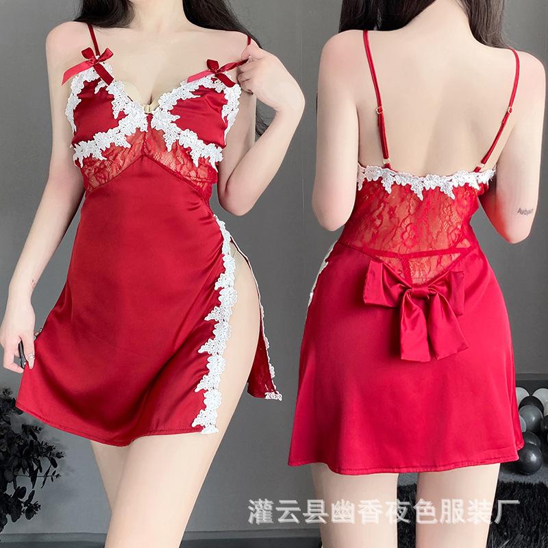 Thin Women's Sexy Lingerie Deep V Temptation Side Split Embroidery Suspender Nightdress Tie