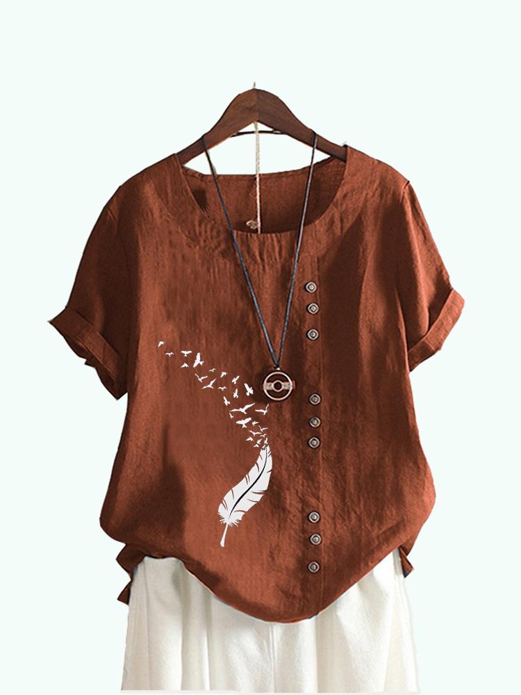 Women Fashion Round Collar Floral Print T-shirt Casual Short Sleeve Top Ladies Loose Blouses