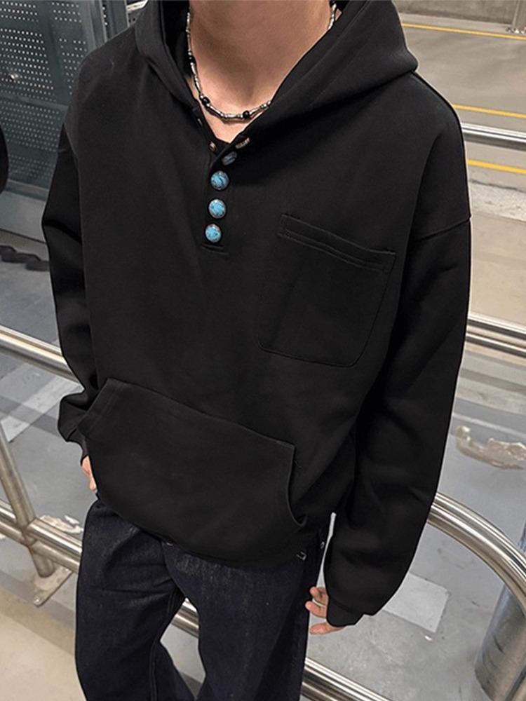 Unisex Retro Henley Neck Pullover Hoodie: Autumn/Winter Casual Long-Sleeve Top
