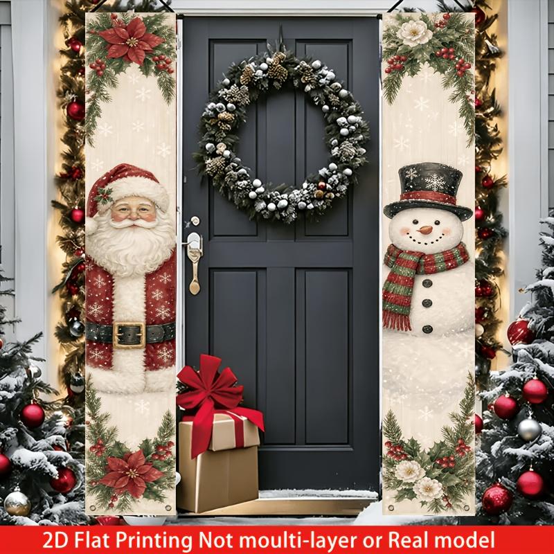 2D Flat, 2pcs Chinese/English Compatible Christmas Couplet Door Banner with Snowman & Santa Claus Patterns - Traditional Chinese Calligraphy Suitable
