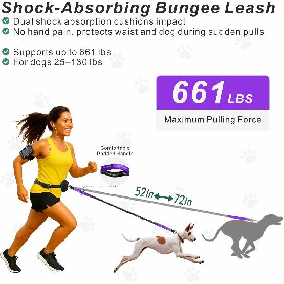 Hands-Free Dog Leash for Dogs up to 130 lbs – Heavy-Duty, Shock-Absorbing Bungee Leash with Zipper Pouch, Dual Padded Handles & Adjustable Waist